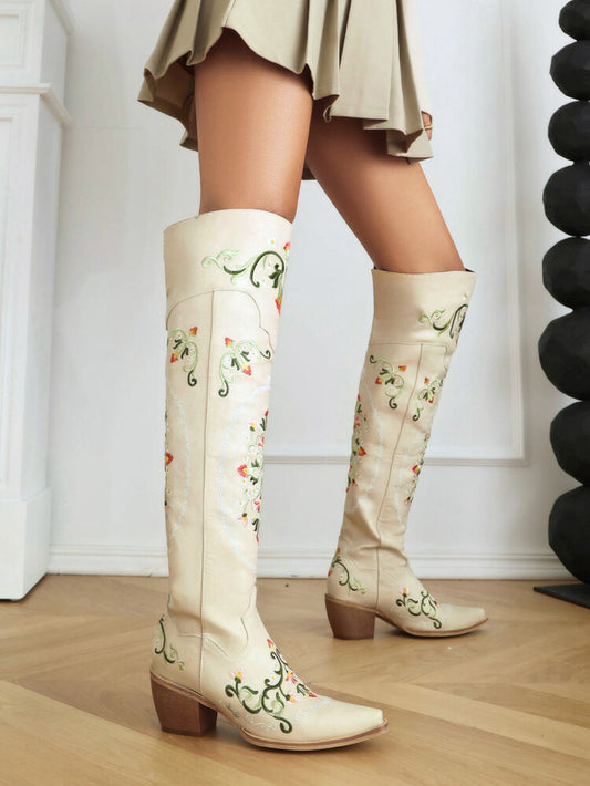 Women's Oriental Embroidery Pointed Toe Beveled Heel Over-The-Knee Boots