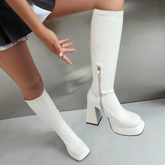 Women's Side Zippers Square Toe Chunky Heel Platform Knee High Boots