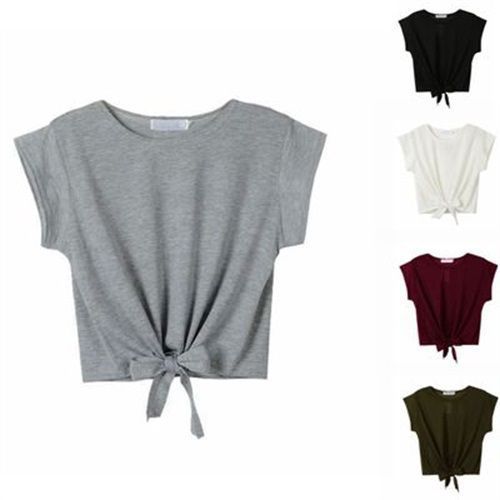 Sexy Knot Solid Color Short Navel-baring Round Neck Women T Shirts