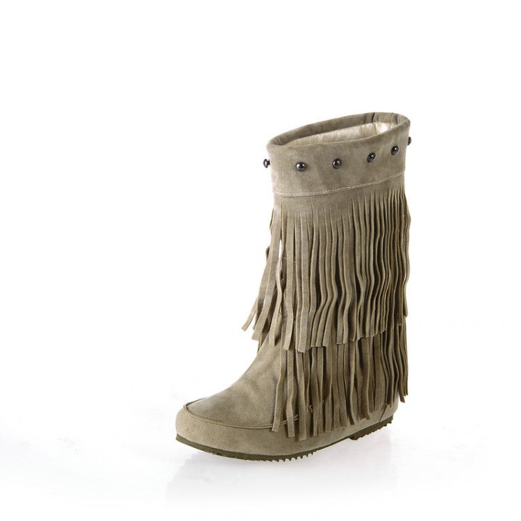 Tassel Studded Mid Calf Boots Wedge Heel 4881