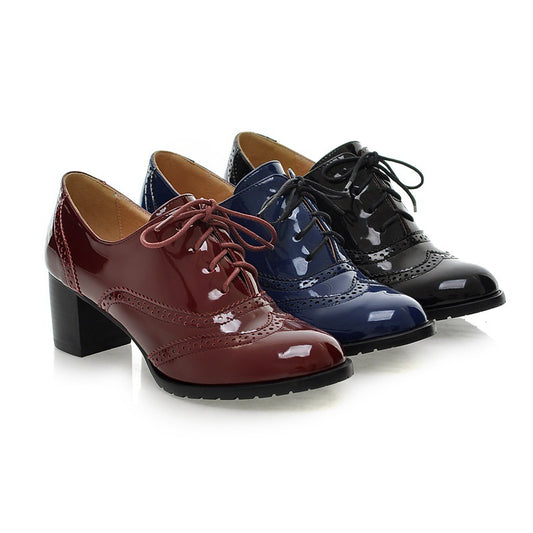 Lace Up Patent Leather Women Chunky Mid Heels Oxford Shoes 8154