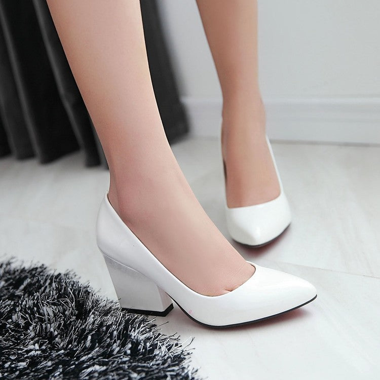 Pointed Toe Patent Leather Women's Chunky Heels Pumps Shoes MF5046