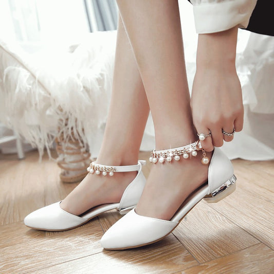 Women Ankle Straps Pearl Flat Sandals Shoes 2085