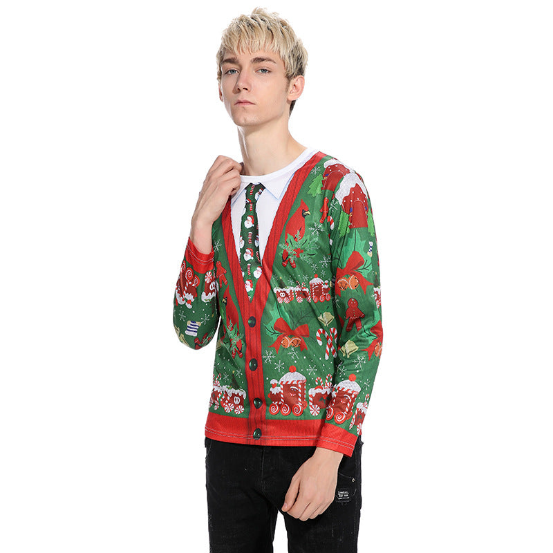 Christmas Tree 3D Fake Two-piece Tie Printing  Men's Long-sleeved T-shirt