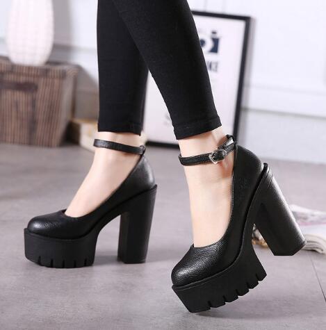 Round Toe Ankle Straps Chunky Heels Pumps Platform Shoes 4813