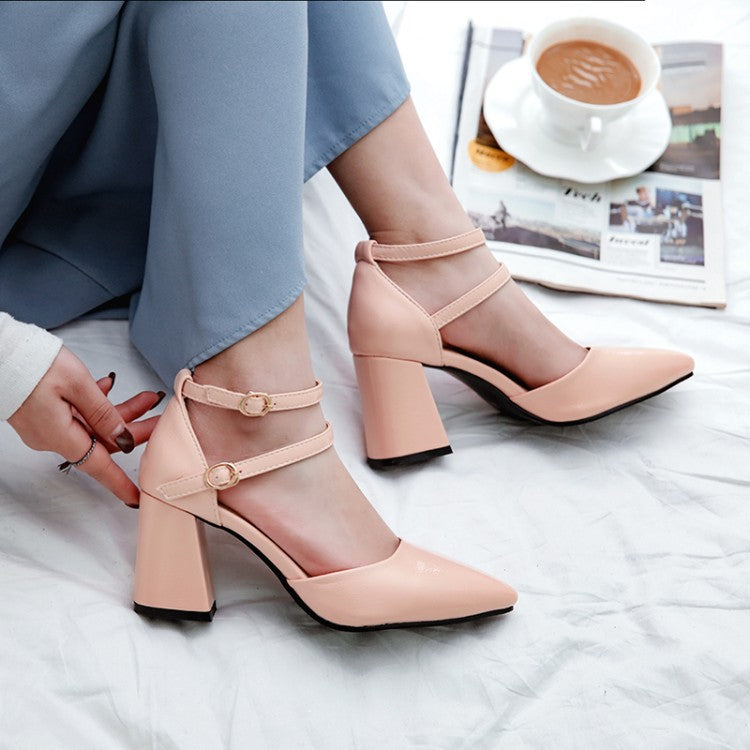 Women Double Straps Pointed Toe Chunky Heels Sandals Shoes MF4220