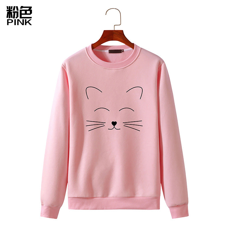 Round Neck Cat Printed Long Sleeved Sweatshirt