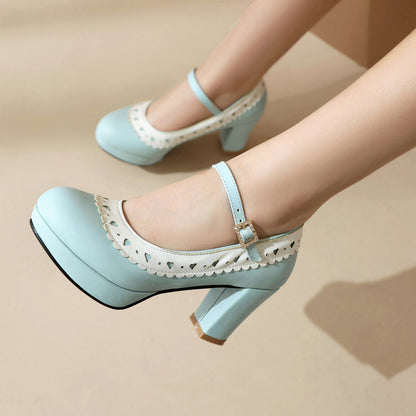 Women's Round Toe Mary Jane High Heel Platform Pumps