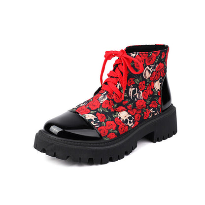 Women's Flowers Printed Lace-Up Round Toe Flat Platform Ankle Boots