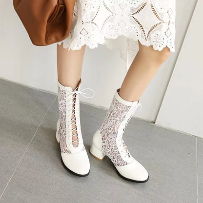 Women's Round Toe Lace-up Hollow Out Mid-Calf Boots