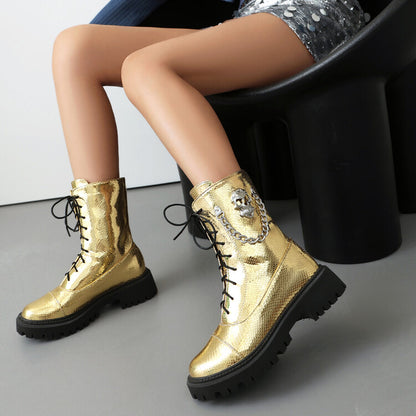 Women's Glossy Chains Round Toe Flat Platform Short Boots