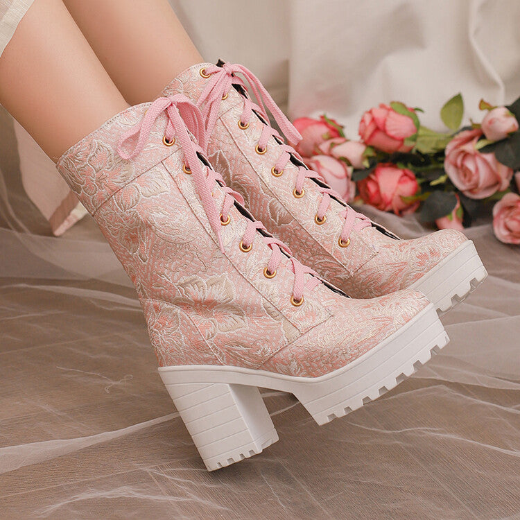 Women's Round Toe Flowers Platform Square High Heel Mid-Calf Boots