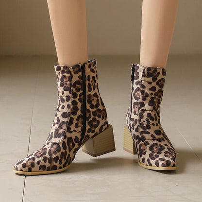 Women's Snake Pattern Pointed Toe Square Heel Short Boots