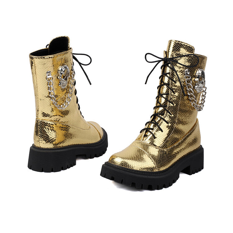 Women's Glossy Chains Round Toe Flat Platform Short Boots