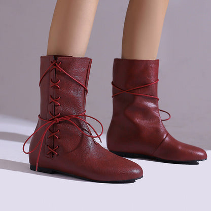 Women'S Lace-Up Round Toe Flat Mid Calf Boots