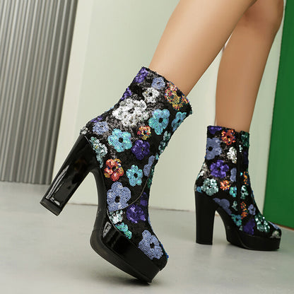 Women's Flowers Sequins Square Toe Square Heel Platform Ankle Boots