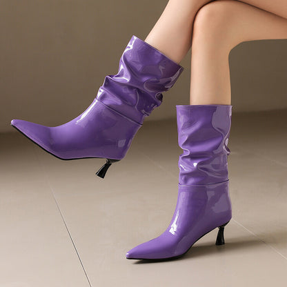 Women's Patent Leather Pointed Toe Pleated Mid-Calf Boots