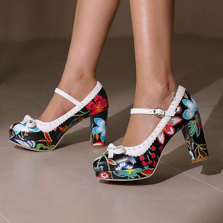 Women's High Heel Printed Bow Platform Pumps Mary Jane Shoes