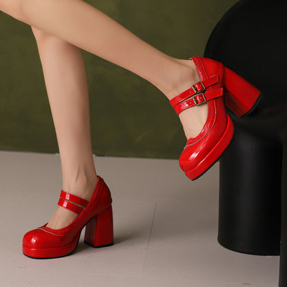 Women's Square Toe Platform High Heel Mary Jane Platform Pumps