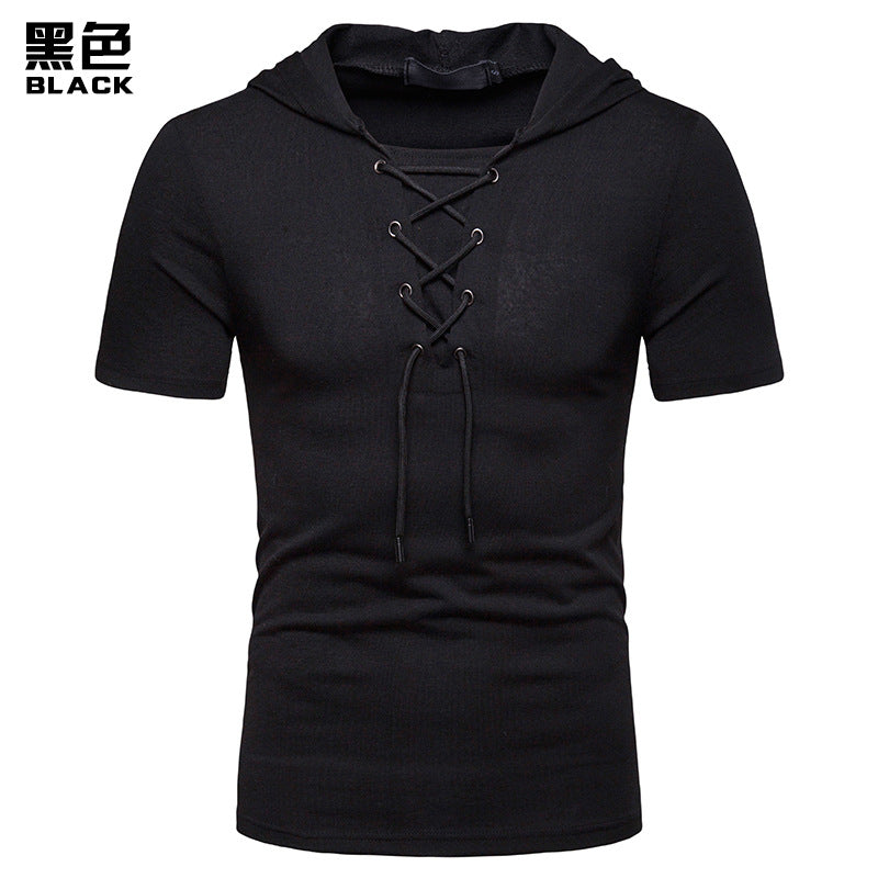 Men Slim Short Sleeves Drawstring Hoody T-Shirt