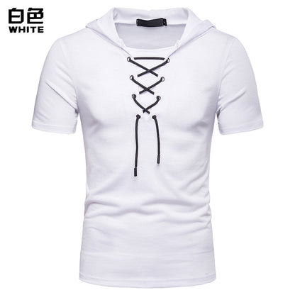 Men Slim Short Sleeves Drawstring Hoody T-Shirt