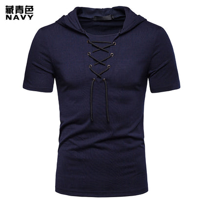 Men Slim Short Sleeves Drawstring Hoody T-Shirt