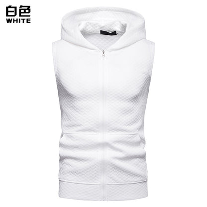 Men Sleeveless Lattice Zippers Hoody T-Shirt