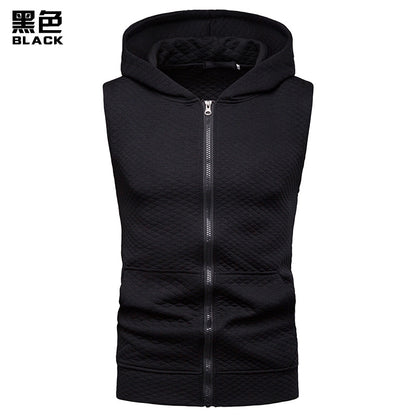 Men Sleeveless Lattice Zippers Hoody T-Shirt