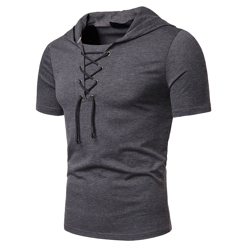 Men Slim Short Sleeves Drawstring Hoody T-Shirt