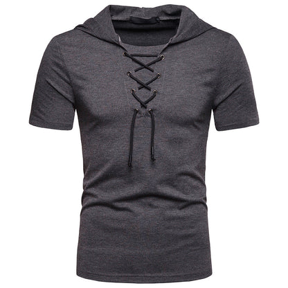 Men Slim Short Sleeves Drawstring Hoody T-Shirt