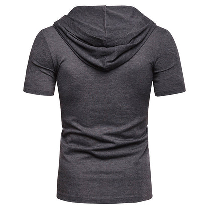 Men Slim Short Sleeves Drawstring Hoody T-Shirt