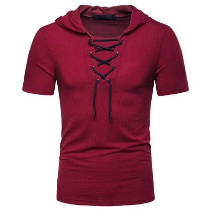 Men Slim Short Sleeves Drawstring Hoody T-Shirt