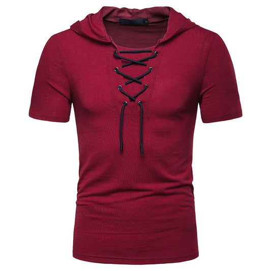 Men Slim Short Sleeves Drawstring Hoody T-Shirt