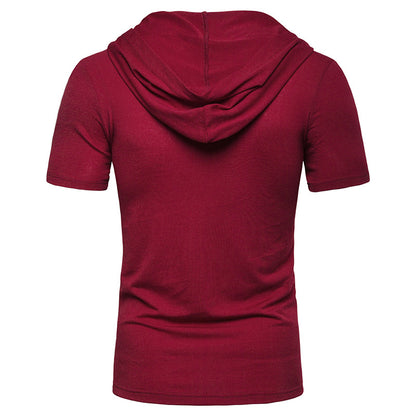 Men Slim Short Sleeves Drawstring Hoody T-Shirt