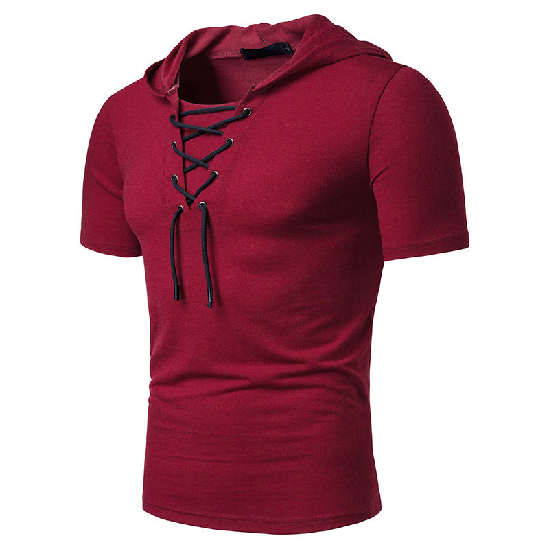 Men Slim Short Sleeves Drawstring Hoody T-Shirt