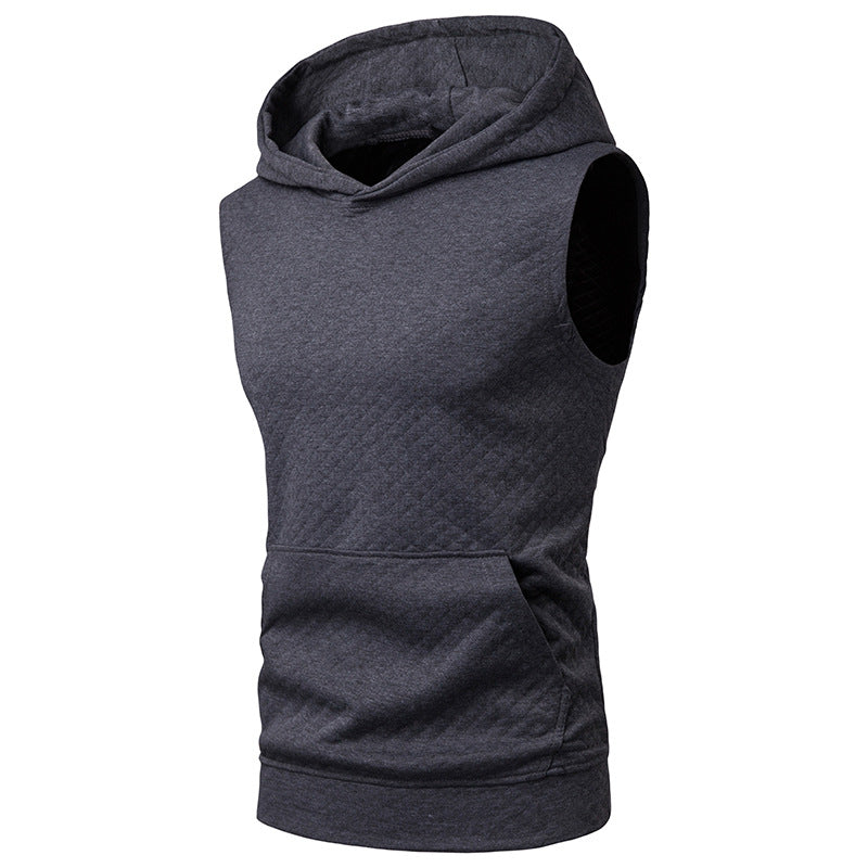 Men Sleeveless Lattice Pockets Hoody T-Shirt