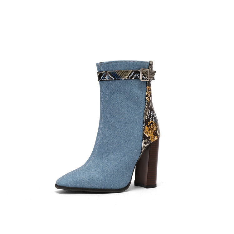 Women's Snake Pattern Pointed Toe Buckle Heel Short Boots