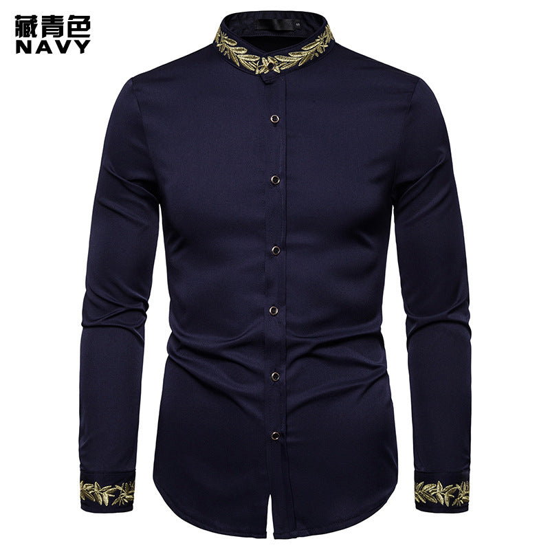 Men Turtleneck Embroidery Floral Fabric Long Sleeves Shirt