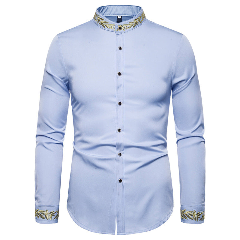 Men Turtleneck Embroidery Floral Fabric Long Sleeves Shirt