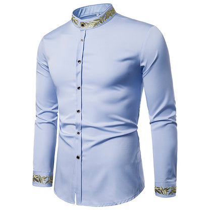 Men Turtleneck Embroidery Floral Fabric Long Sleeves Shirt