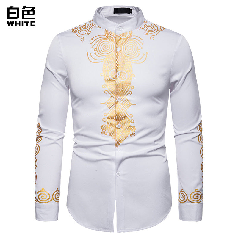 Men Turtleneck Oriental Prints Long Sleeves Shirt