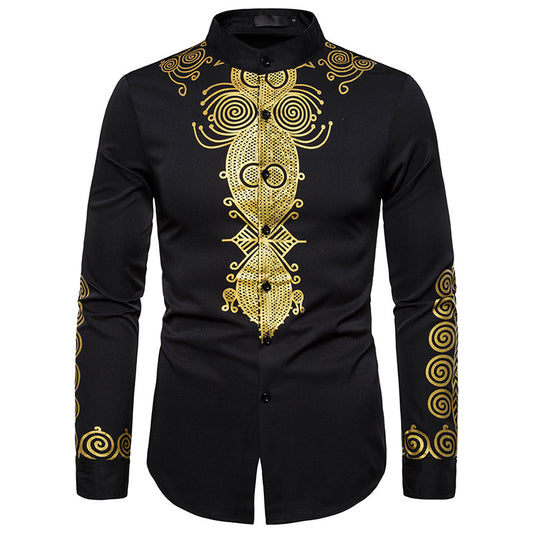 Men Turtleneck Oriental Prints Long Sleeves Shirt