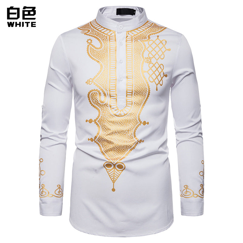 Men Crewneck Buttons Oriental Prints Long Sleeves T-Shirt