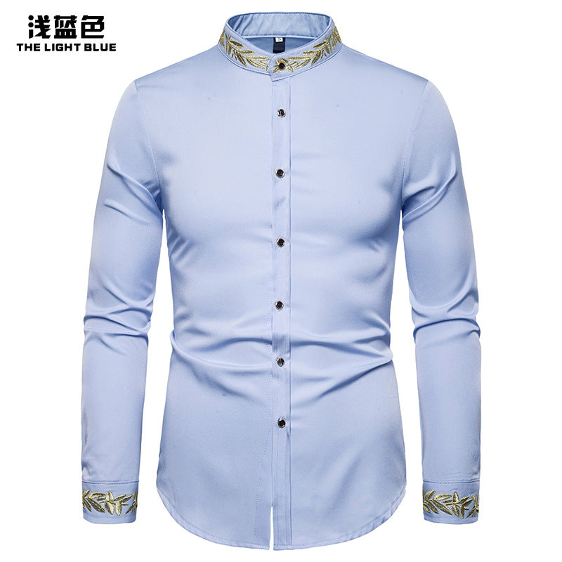 Men Turtleneck Embroidery Floral Fabric Long Sleeves Shirt