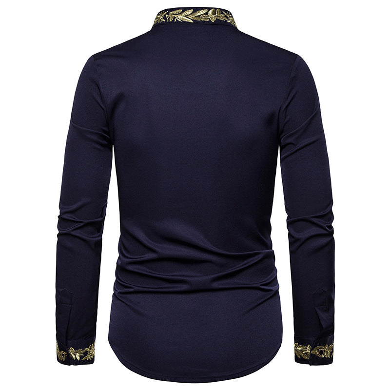 Men Turtleneck Embroidery Floral Fabric Long Sleeves Shirt