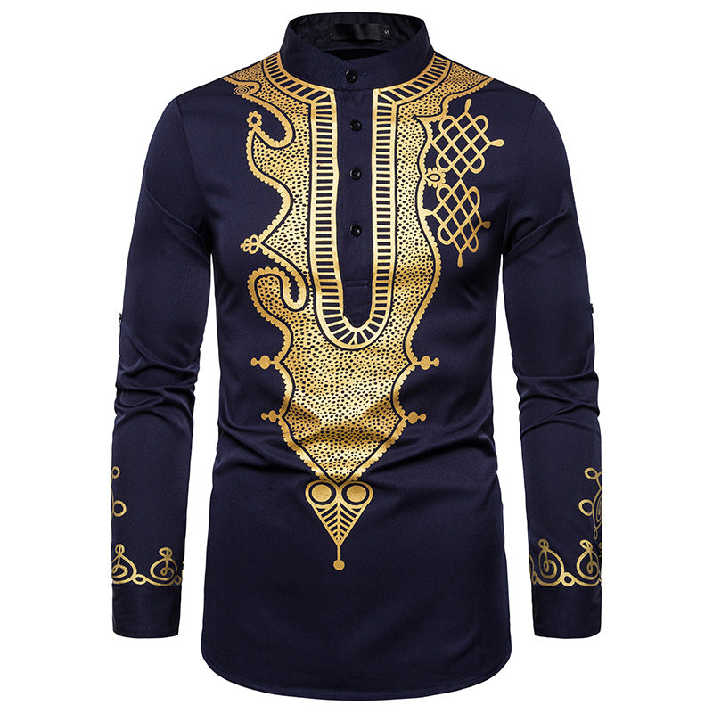 Men Crewneck Buttons Oriental Prints Long Sleeves T-Shirt