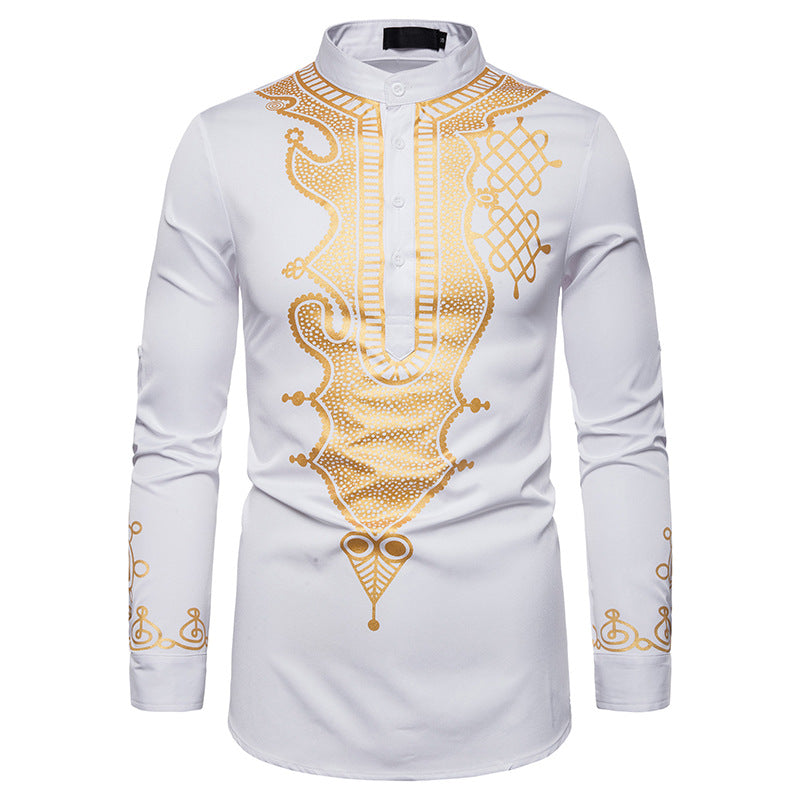 Men Crewneck Buttons Oriental Prints Long Sleeves T-Shirt