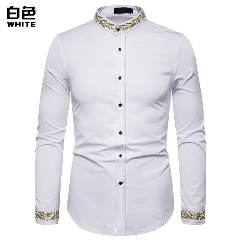 Men Turtleneck Embroidery Floral Fabric Long Sleeves Shirt