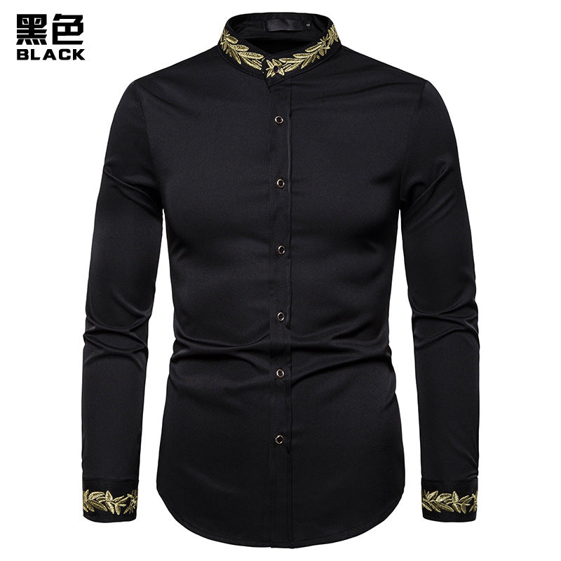 Men Turtleneck Embroidery Floral Fabric Long Sleeves Shirt