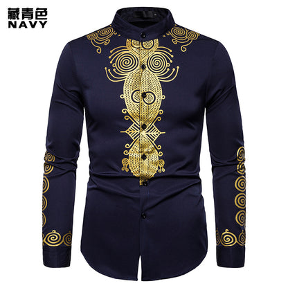 Men Turtleneck Oriental Prints Long Sleeves Shirt